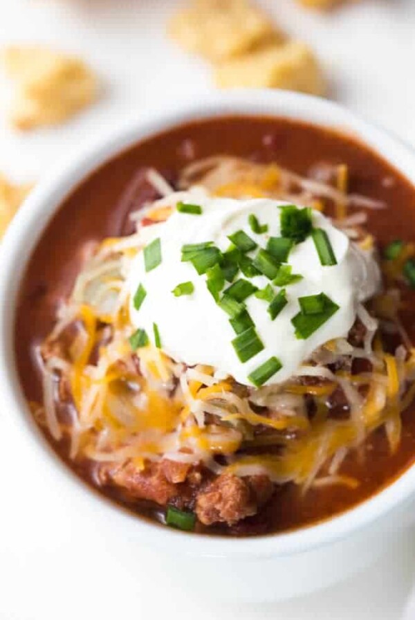 A large bowl of turkey chili