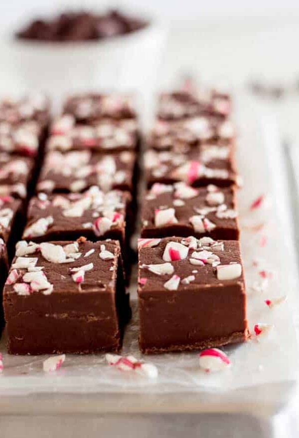 cut pieces of chocolate fudge with peppermint