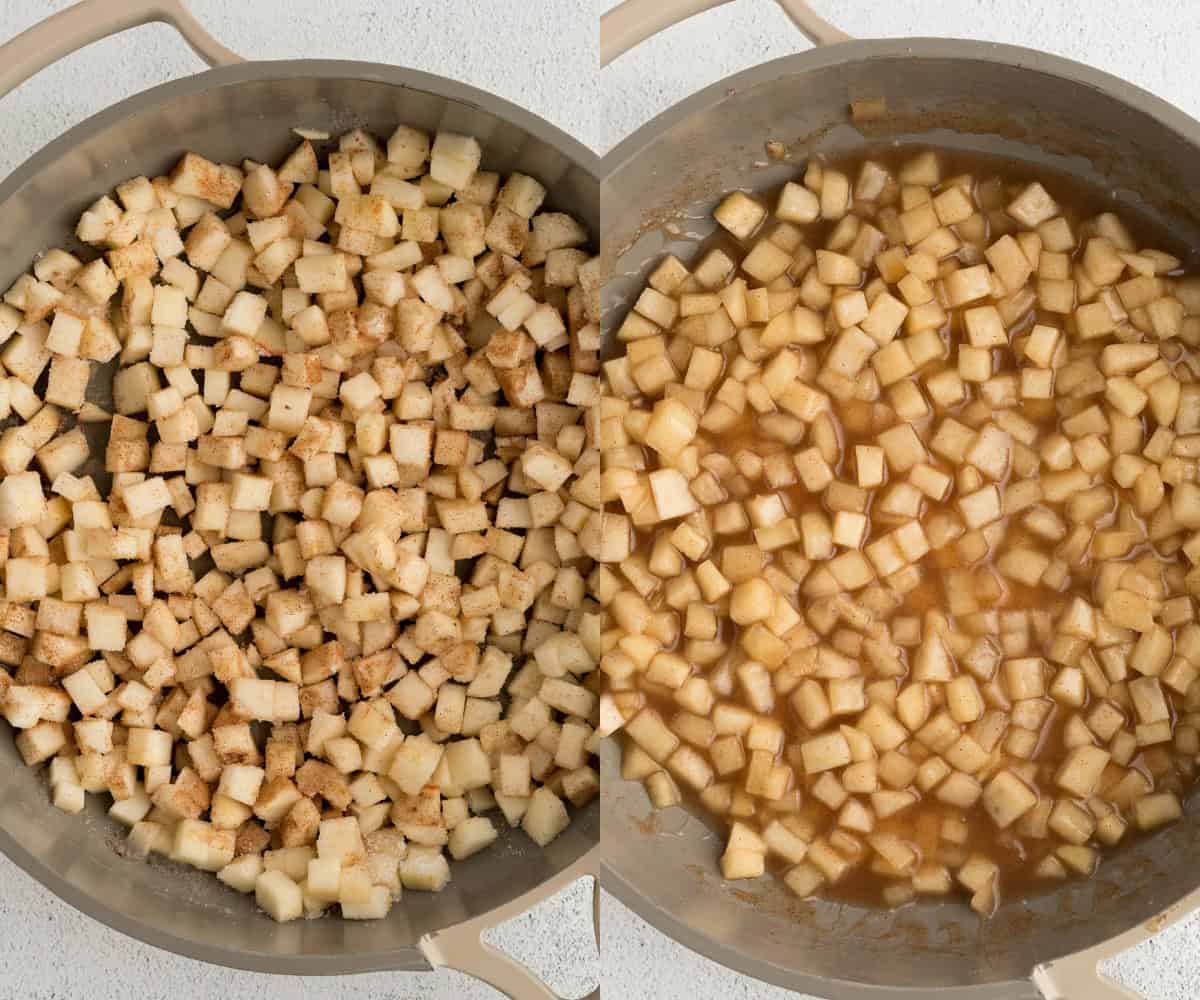 Sautéing and cooking the apples on the stove.