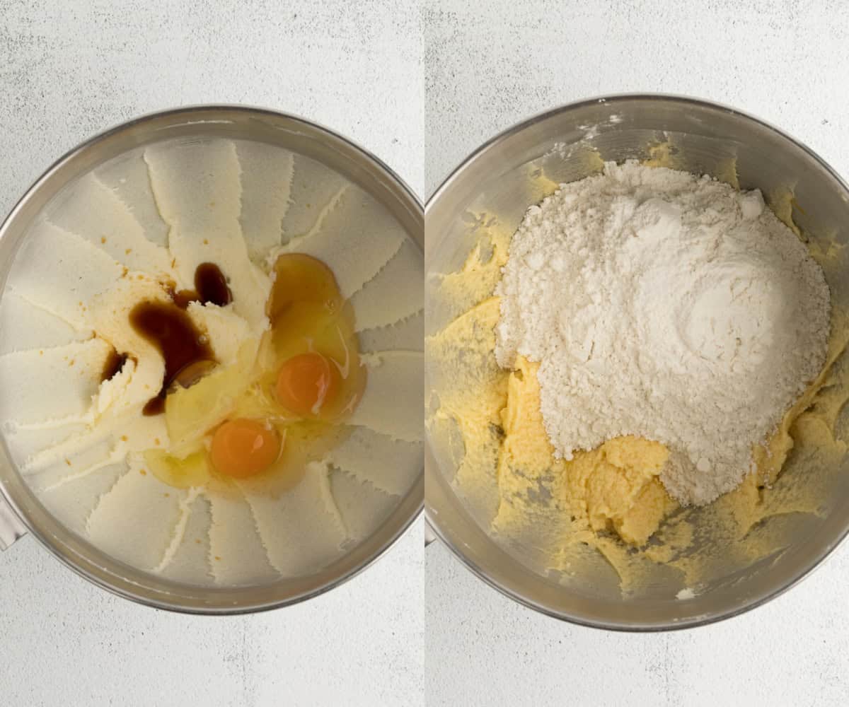 Mixing together the ingredients for the vanilla layer in a stand mixer bowl. 