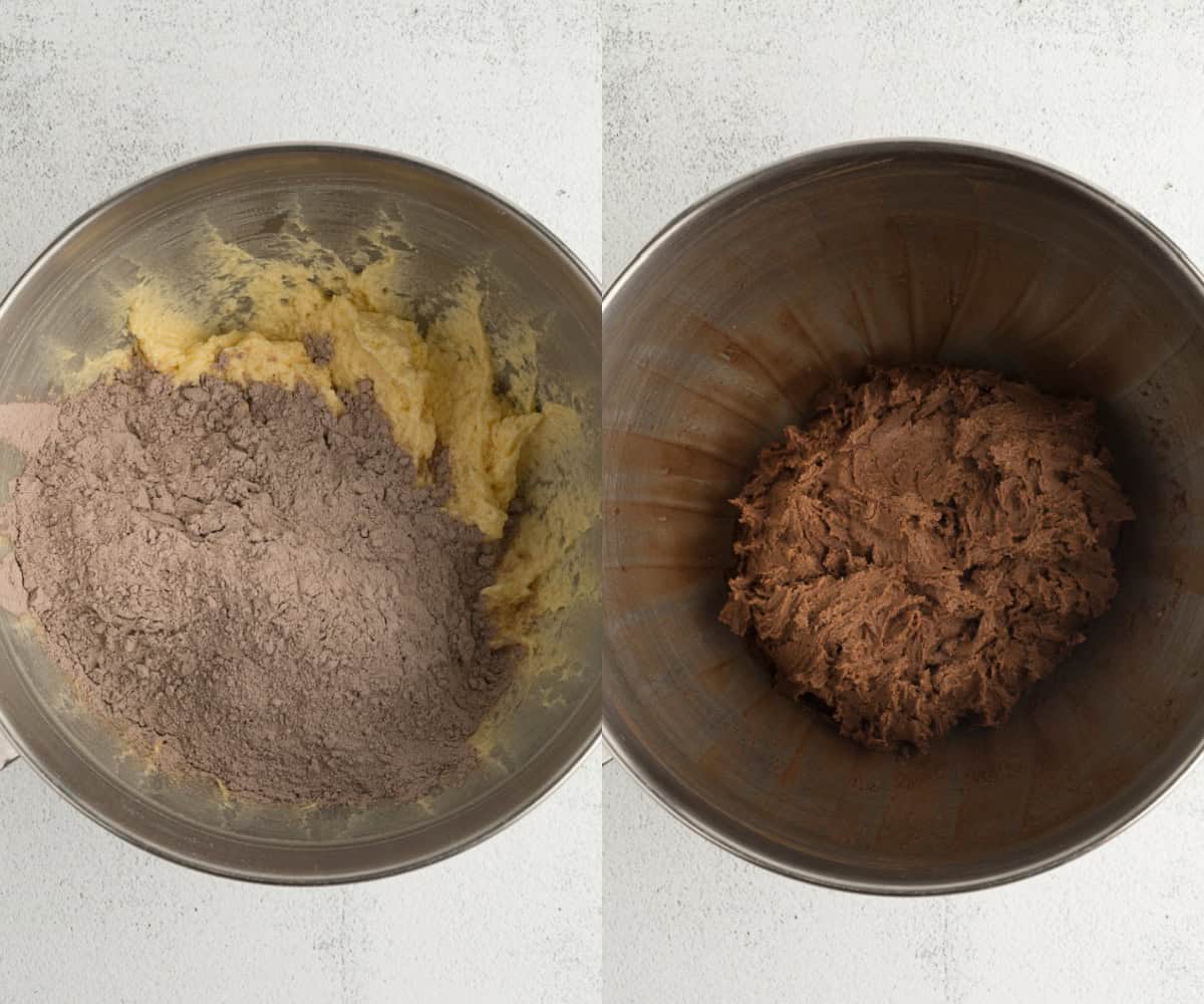 Mixing together the ingredients for the chocolate cookie layer in a stand mixer bowl. 