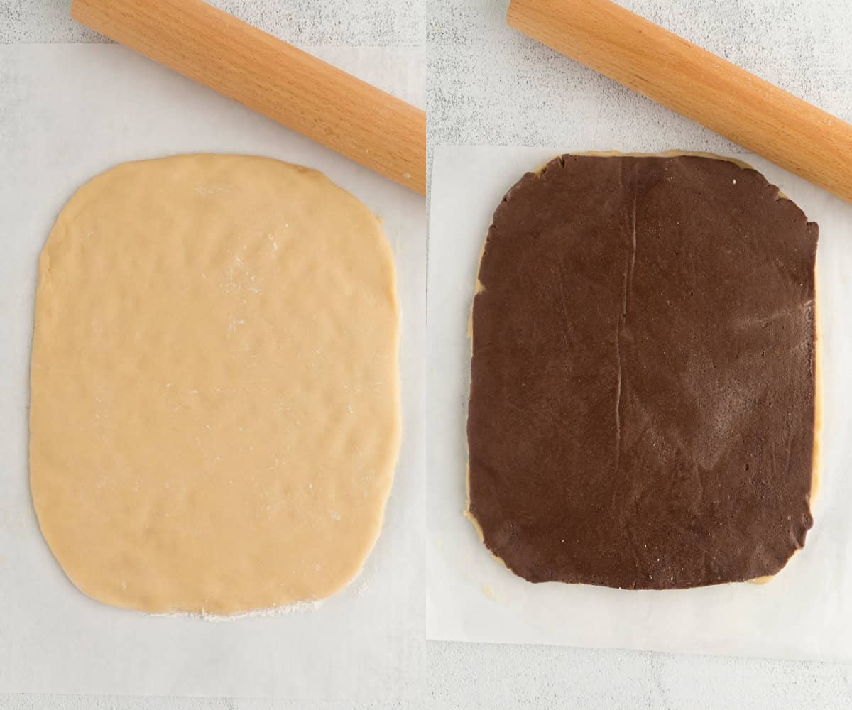 The vanilla dough rolled into a rectangle with the chocolate dough rolled into a rectangle to the right. 