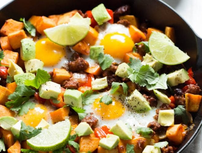 chorizo breakfast hash with sriracha honey lime sour cream