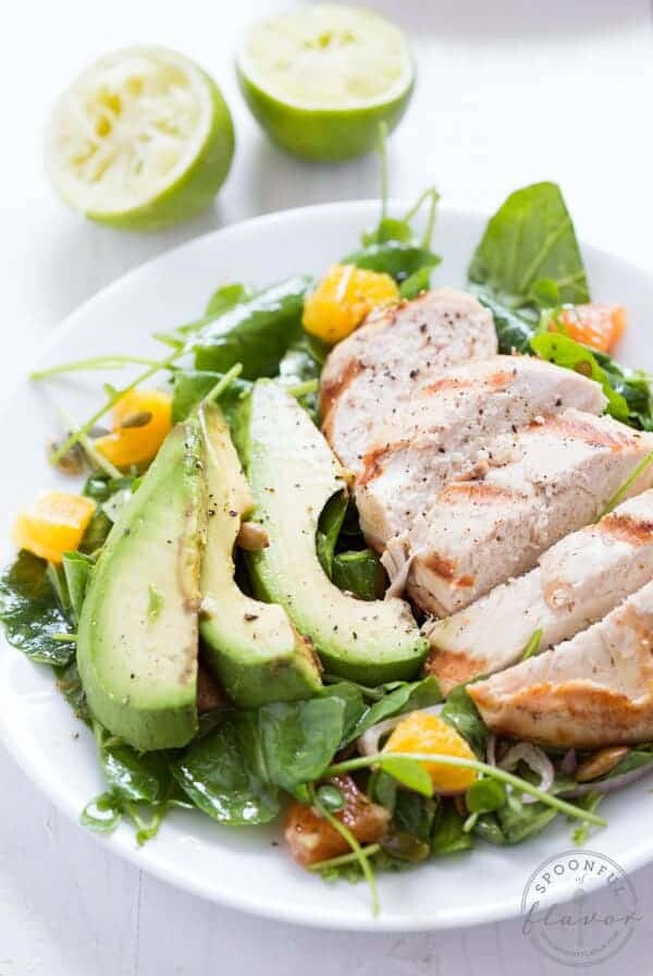 Grilled Tequila Chicken with Orange, Avocado and Pepita Salad – marinated Tequila chicken with a fresh green salad!