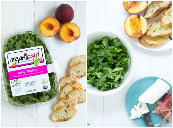 Grilled Peach Crostini with Arugula, Prosciutto and Goat Cheese is the perfect light summer snack, appetizer or lunch!