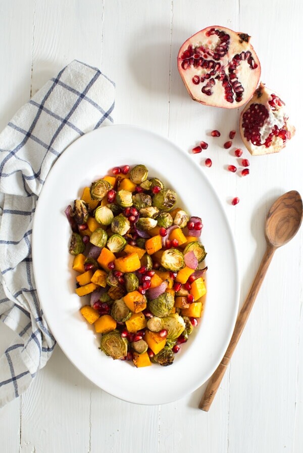 Balsamic Roasted Butternut Squash and Brussels Sprouts with Pomegranate Seeds is an easy flavorful side dish!