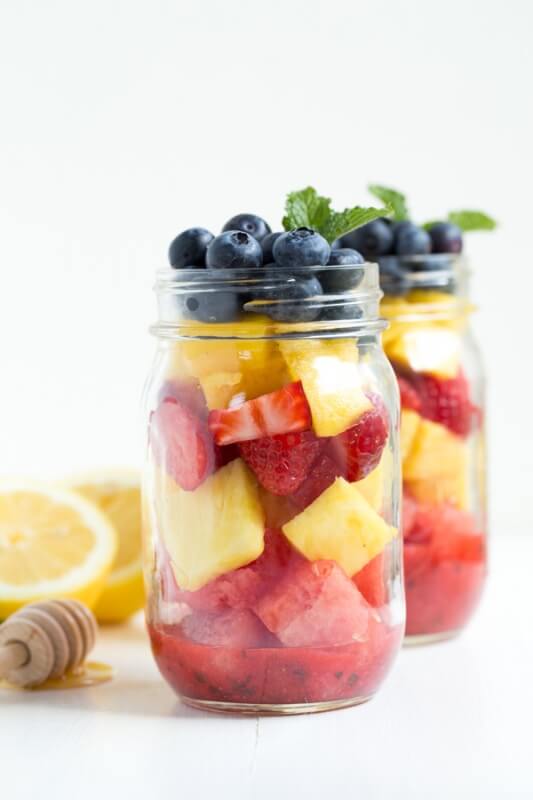 Mason Jar Fruit Salad with Strawberry Mint Dressing - Spoonful of Flavor