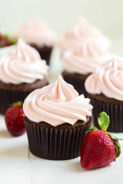 Chocolate Cupcakes with Strawberry Frosting - Spoonful of Flavor