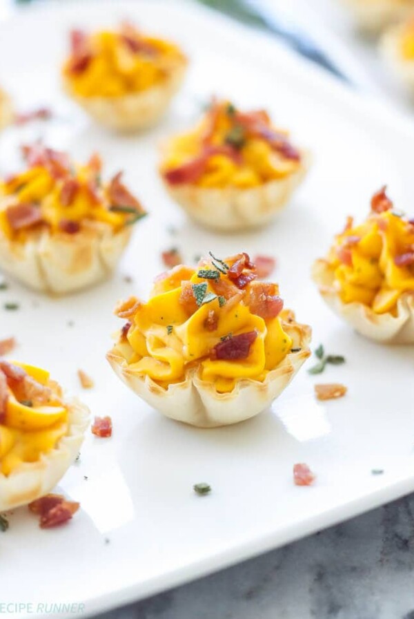 Mini Bacon Butternut Squash Cups | Creamy butternut squash and sage filling topped with crisp salty bacon, the perfect fall or holiday appetizer!