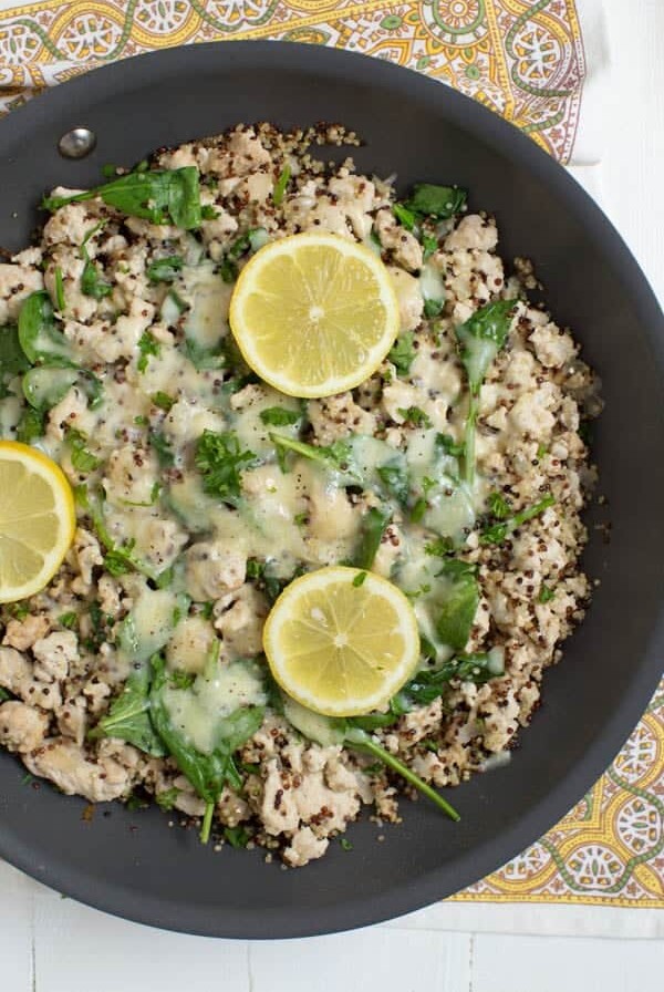 Lemon Chicken Quinoa Skillet with Baby Spinach cooks in one pan and creates a healthy meal packed with protein, greens and fresh lemon flavor!