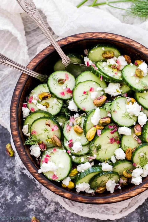 Say hello to your new favorite, refreshing salad - Cucumber, Dill, Feta and Pistachio Salad. Crisp cucumbers, fresh dill, salty feta and crunchy pistachios are the perfect combination of flavors!