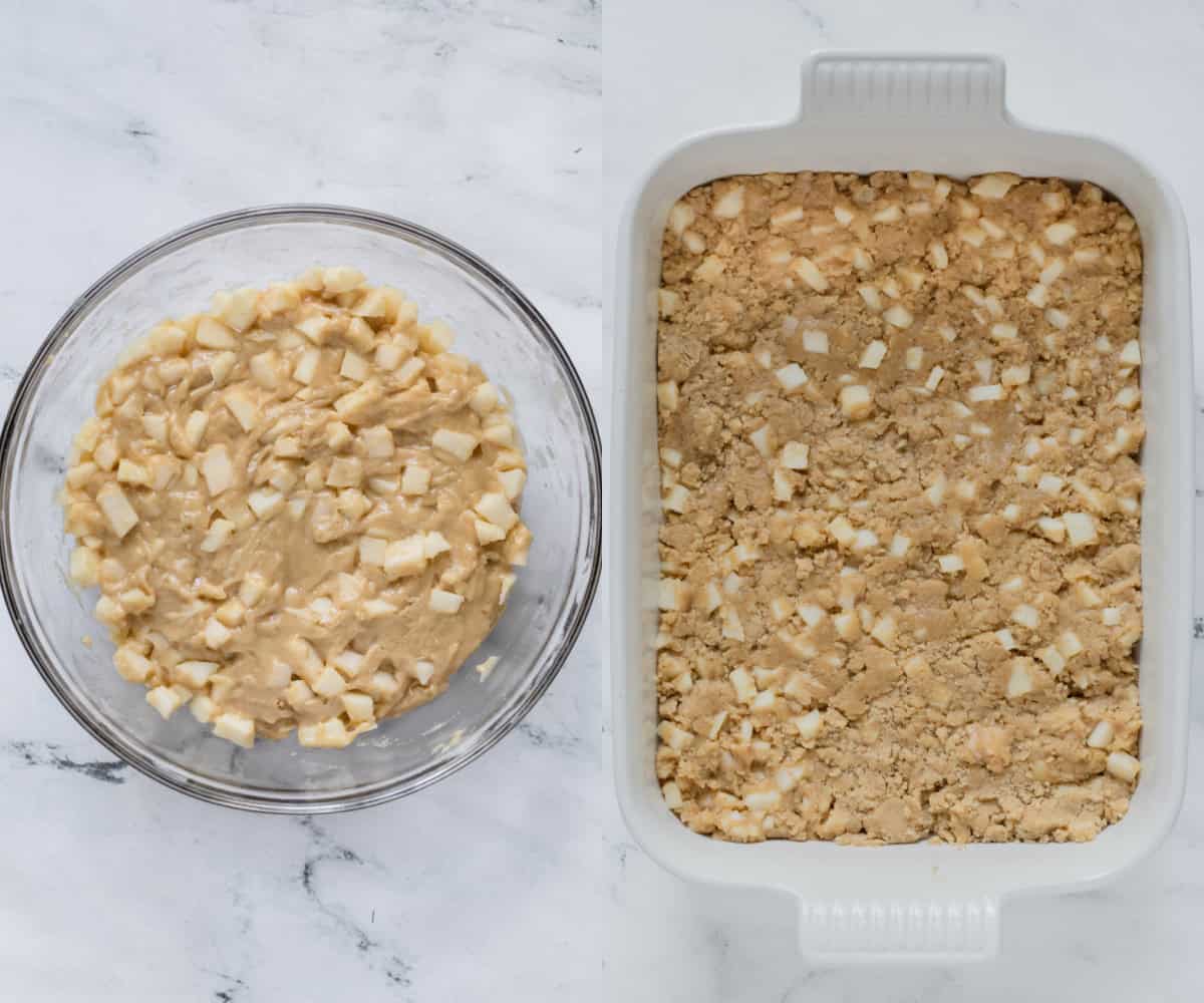 caramel apple cake batter in a bowl before pouring into the pan for baking