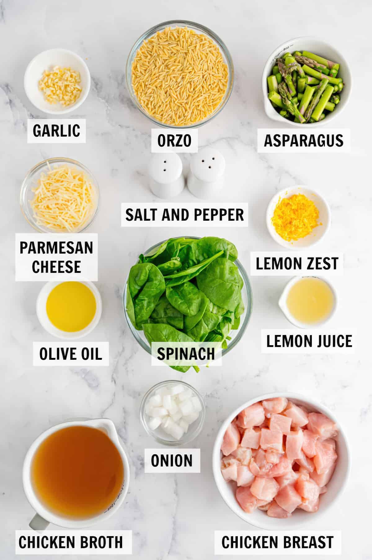 Ingredients Shown for Lemon Chicken Orzo Pasta. They are garlic, orzo, asparagus, parmesan cheese, salt and pepper, lemon zest, olive oil, spinach, lemon juice, chicken broth, onion, and chicken breast.