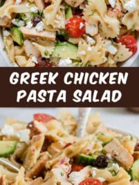 Greek chicken pasta salad in a bowl for serving. The ingredients are piled high in the bowl and a serving spoon is scooping out the pasta salad from the bowl.