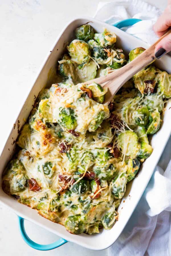 baked brussels sprouts casserole in a baking dish