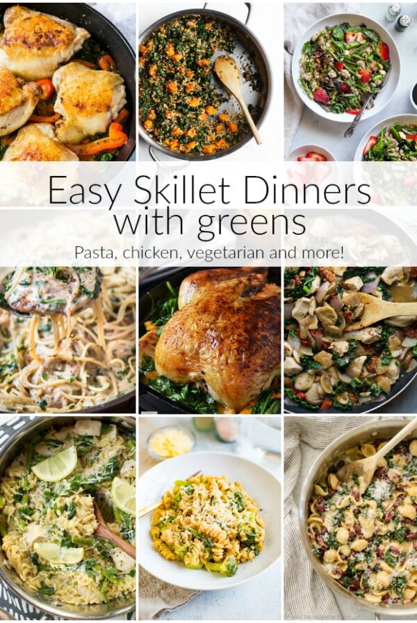 Easy Skillet Dinners with Greens features easy weeknight dinners made in one skillet and packed with greens like kale, spinach, arugula and more. Sneak healthy greens into every single meal and make it easy with one of these recipes. #easy #skillet #dinner #recipe #chicken #spinach #kale #arugula #onepan