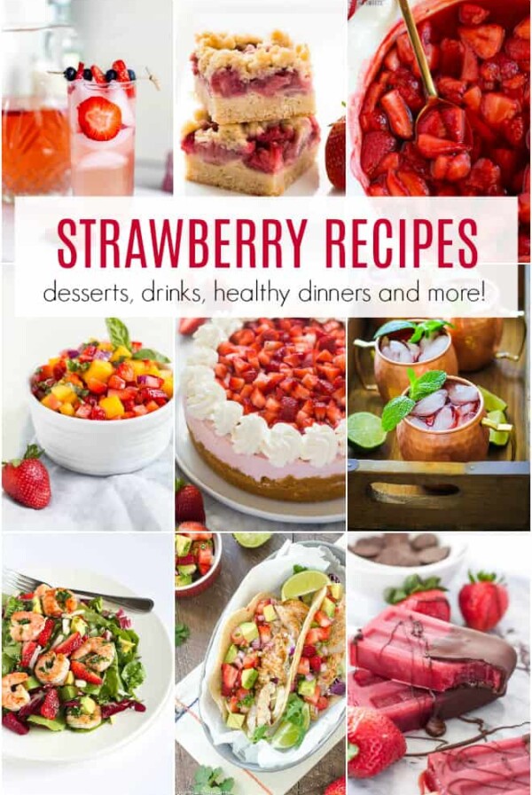 A collage of strawberry recipes including desserts, drinks and more.