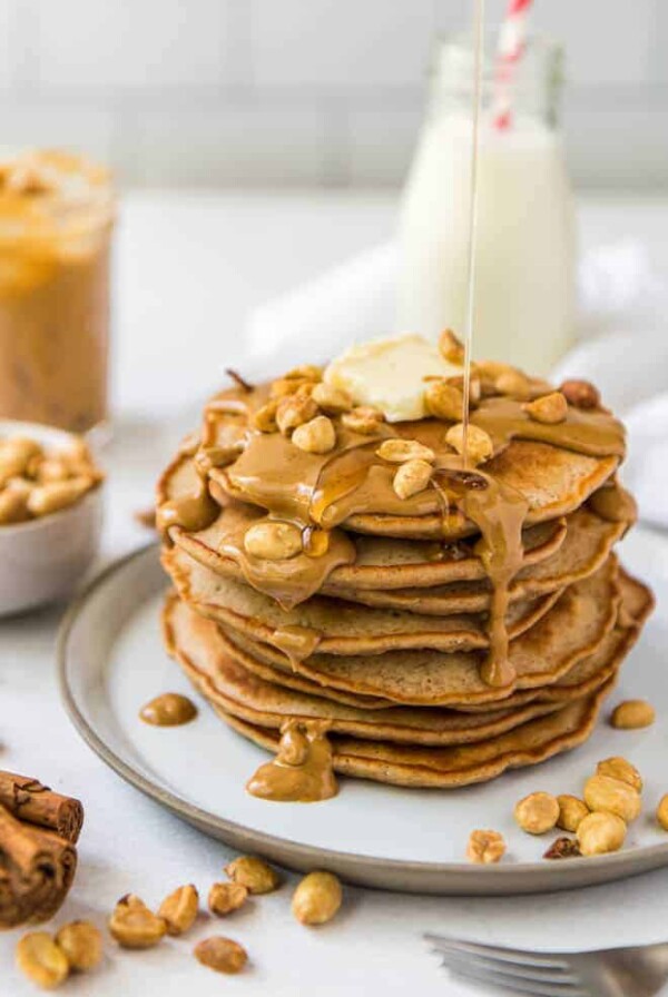 A big stack of peanut butter pancakes