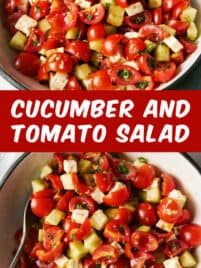 Mediterranean Cucumber and Tomato Salad with feta in a bowl for serving.