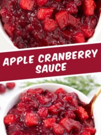 A close up photo of apple cranberry sauce in a white bowl for serving.