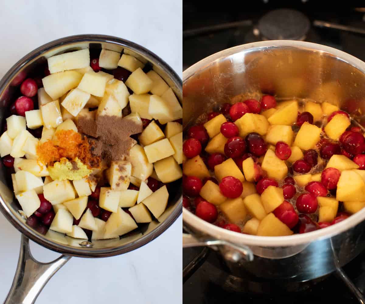 all of the ingredients in a saucepan before cooking on the sauce and then also a few minutes into cooking.