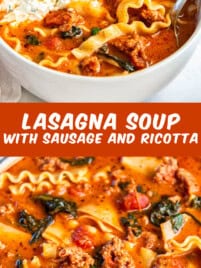 A white bowl filled with lasagna soup for serving.