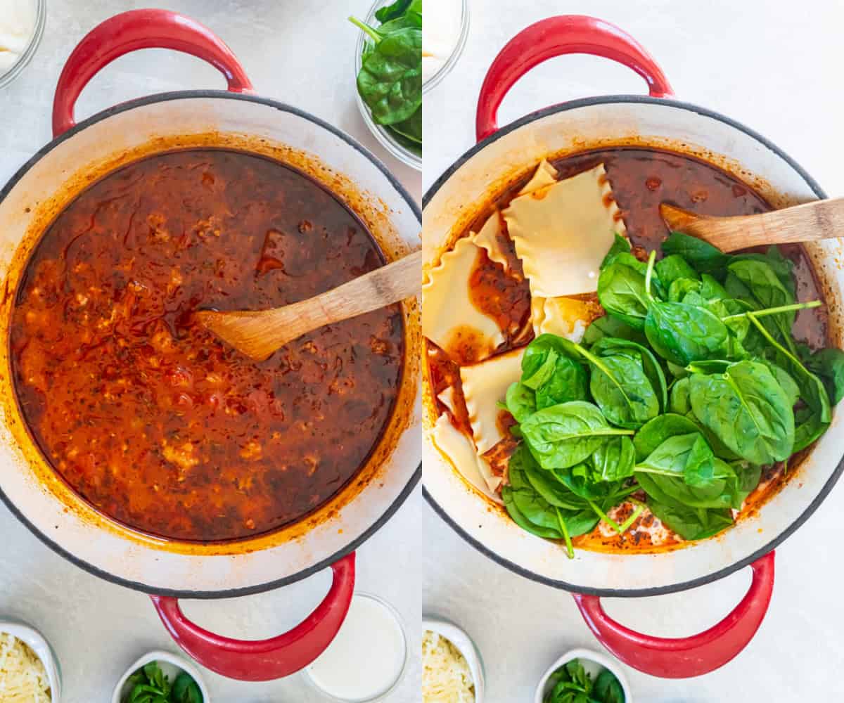 A spoon stirs the soup mixture before adding the spinach and lasagna noodles. 