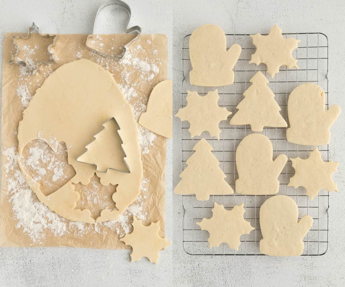 Sugar cookie dough cut out with christmas cookie cutters before and after baking. 