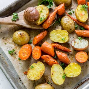 Easy oven roasted potatoes and carrots on a sheet pan