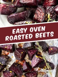 roasted beets on a white plate and sheet pan after baking