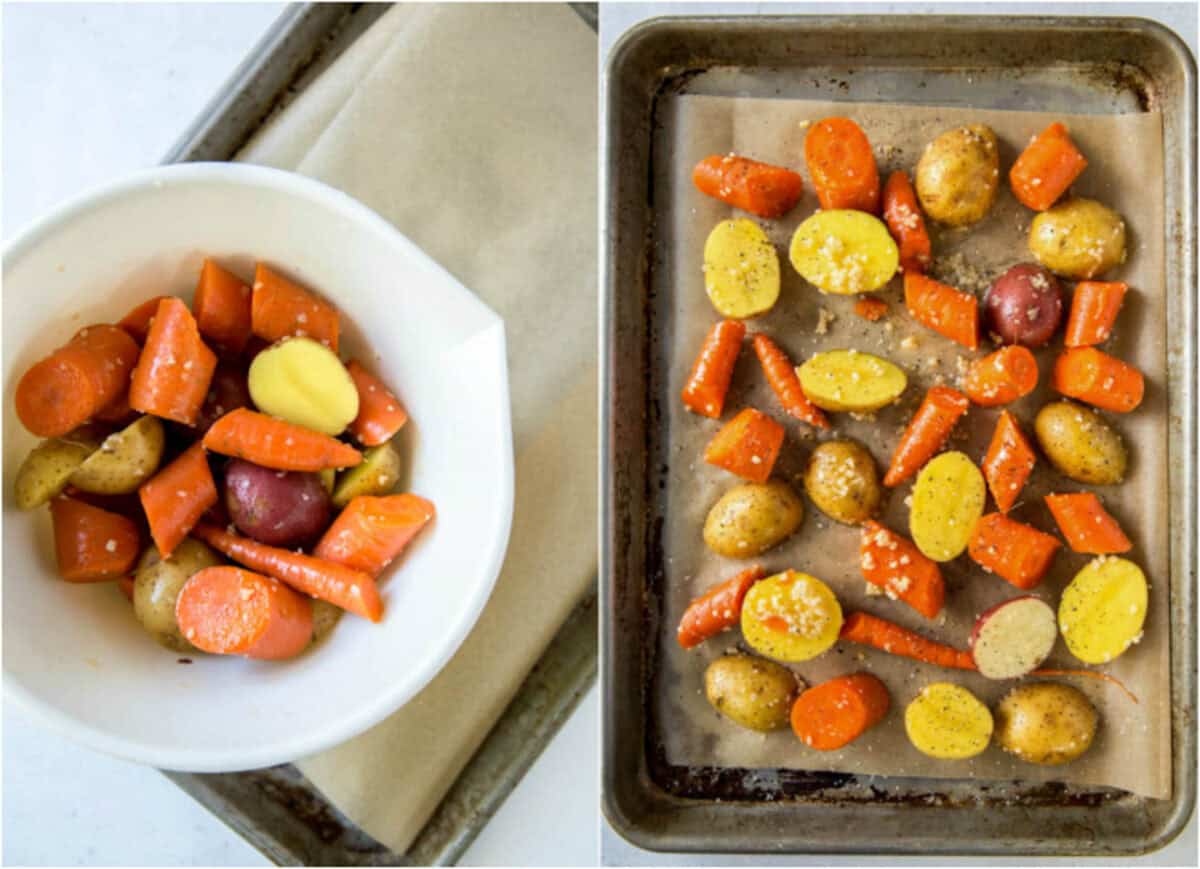 Two pictures side by side, the first is a bowl of carrots and potatoes, the second a the vegetables are on a roasting pan and parchment paper.