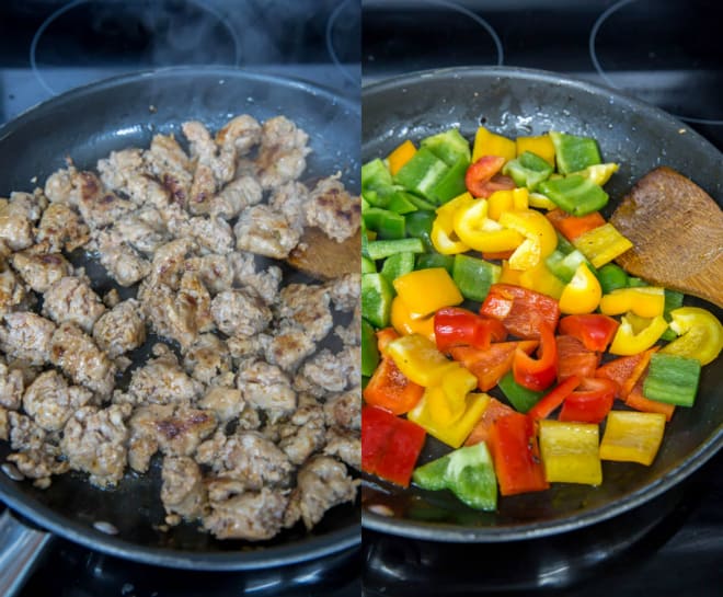 sausage and peppers in a skillet