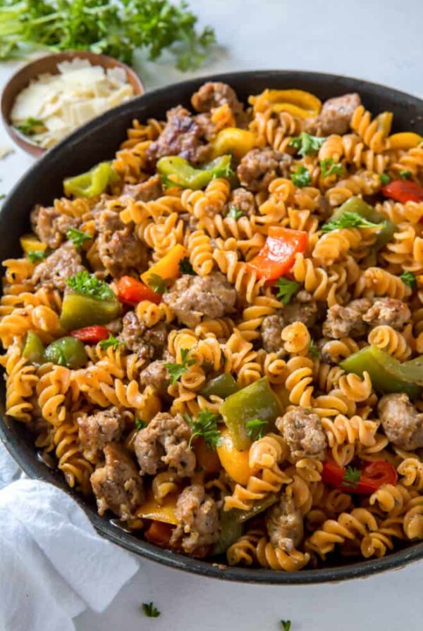 skillet with sausage, peppers, fusilli pasta