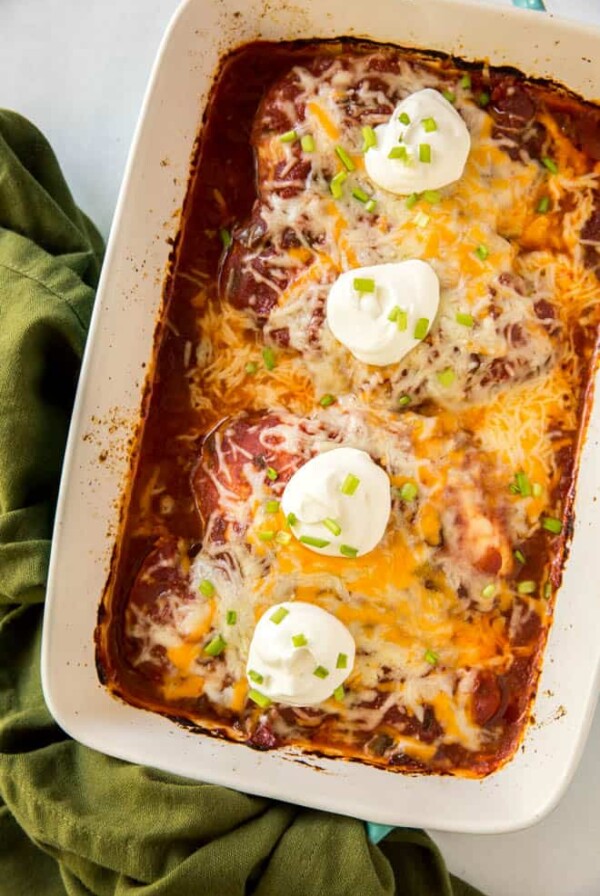 easy baked salsa chicken in a casserole dish