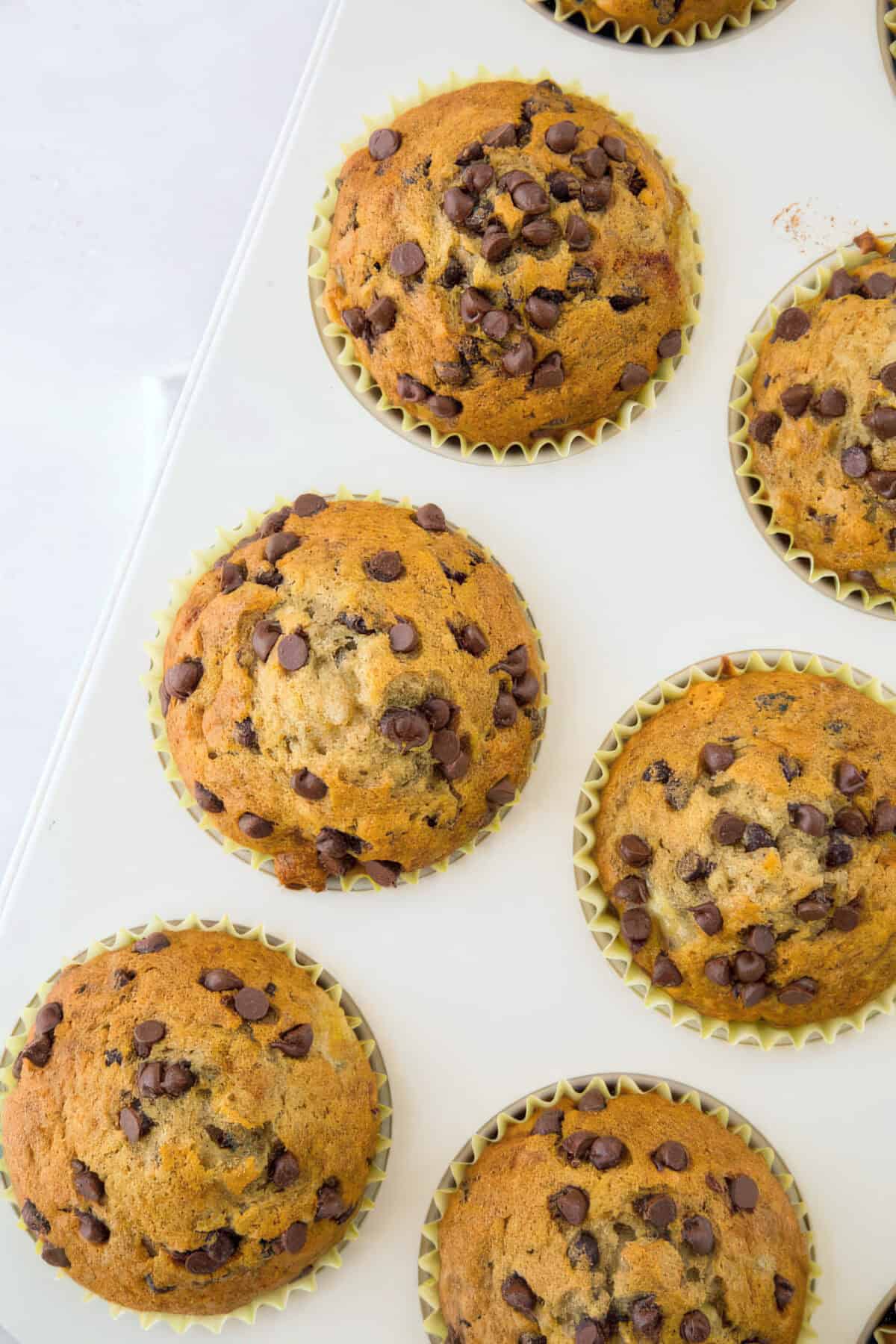 a muffin pan filled with baked banana chocolate chip muffins