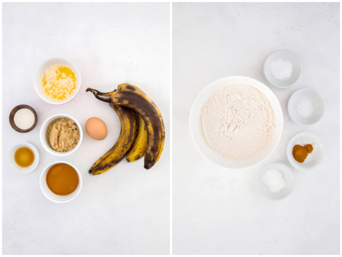 The wet and dry ingredients for banana chocolate chip muffints.