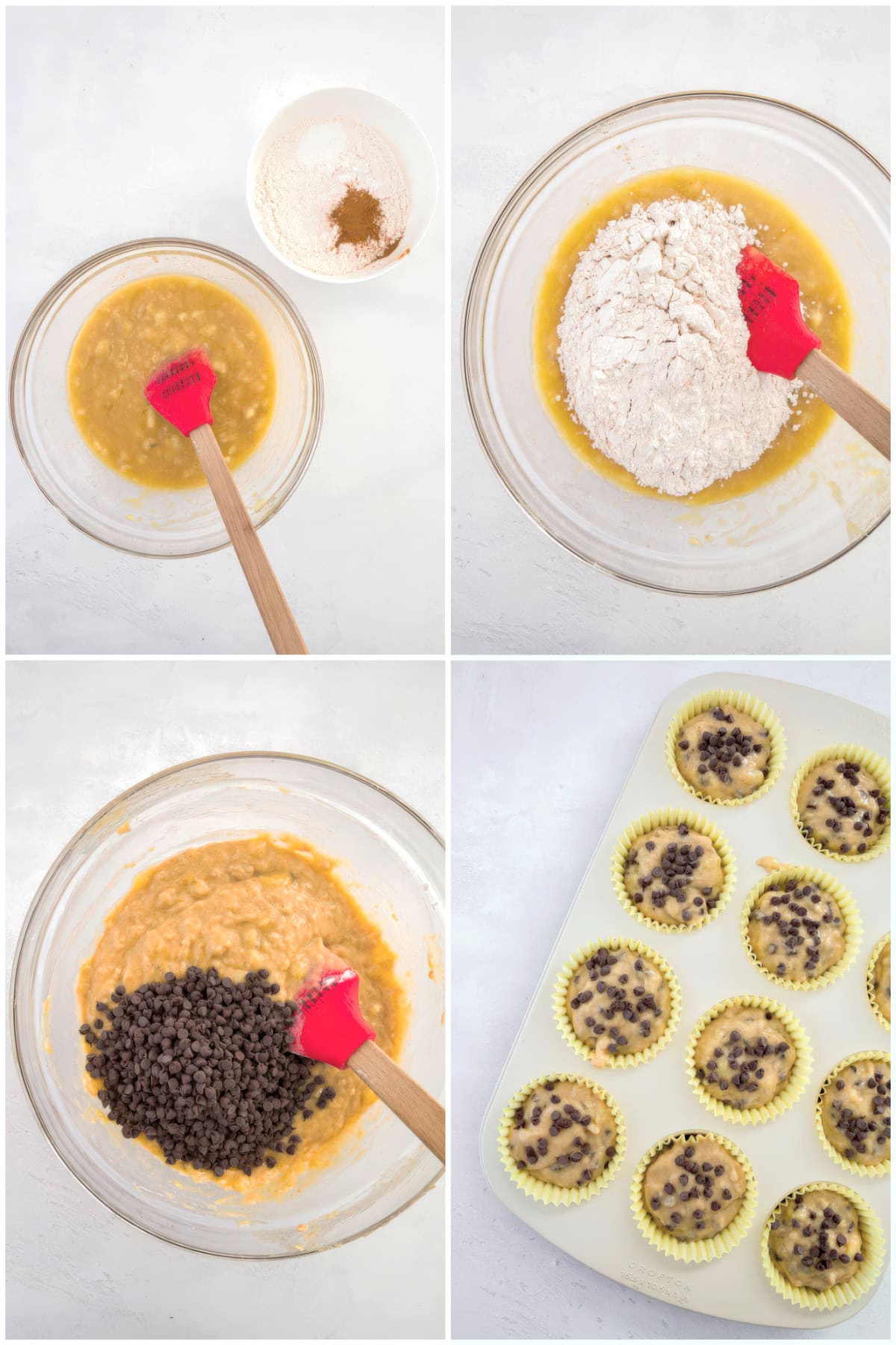 mixing banana, eggs and other wet ingredients in a bowl with flour and dry ingredients to make banana muffins