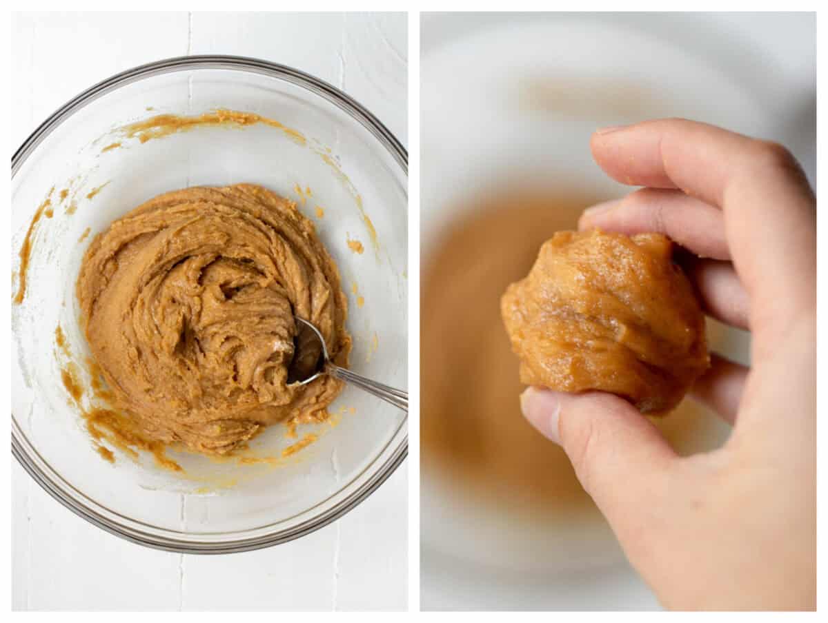 Two images. The first is a  mixing bowl with peanut butter cookie batter and the other is a hand holding a ball of dough.