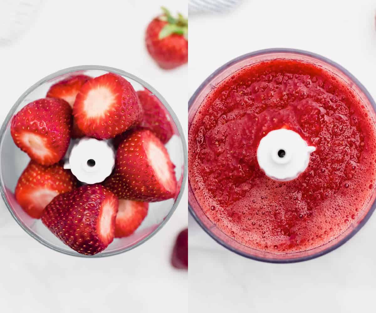 Fresh strawberries in a food processor before and after blending into a liquid.