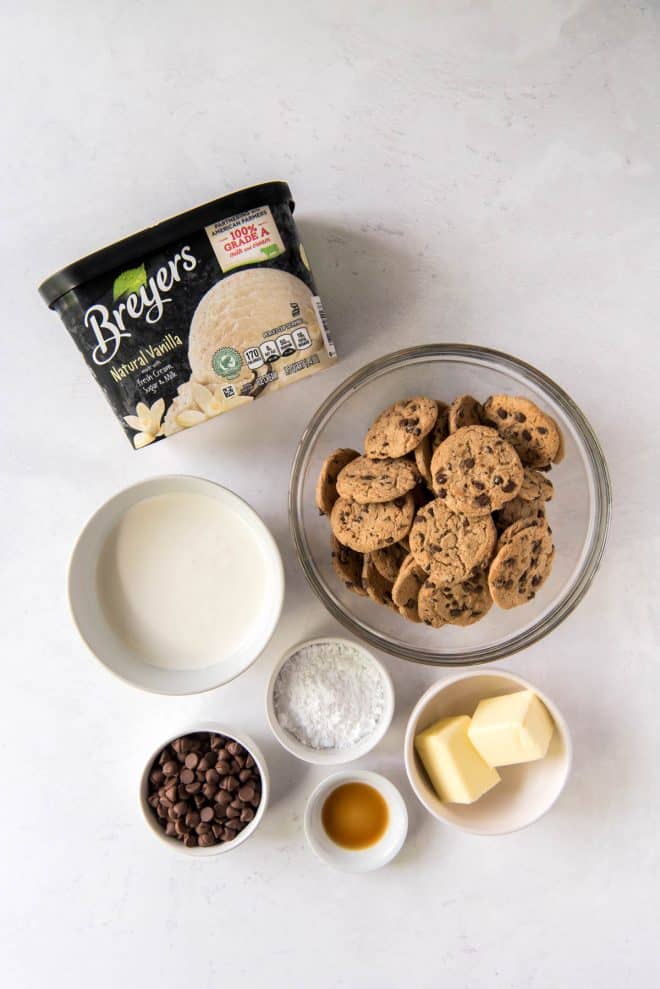 ingredients to make chocolate chip cookie ice cream cake