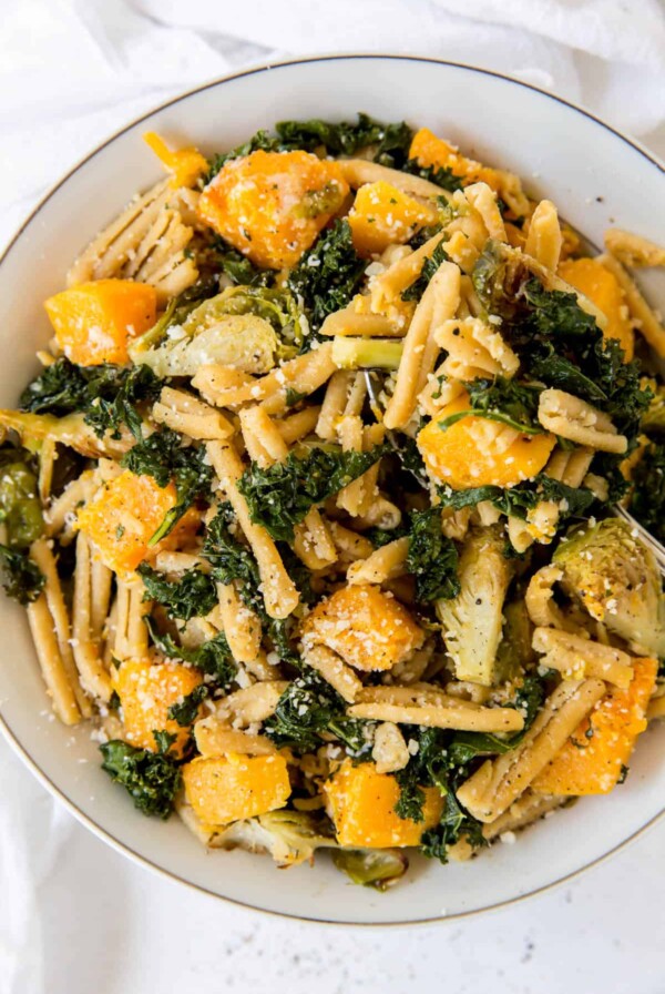 casarecce pasta with brussels sprouts, butternut squash and kale