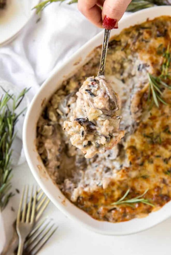 a big spoonful of mushroom wild rice casserole