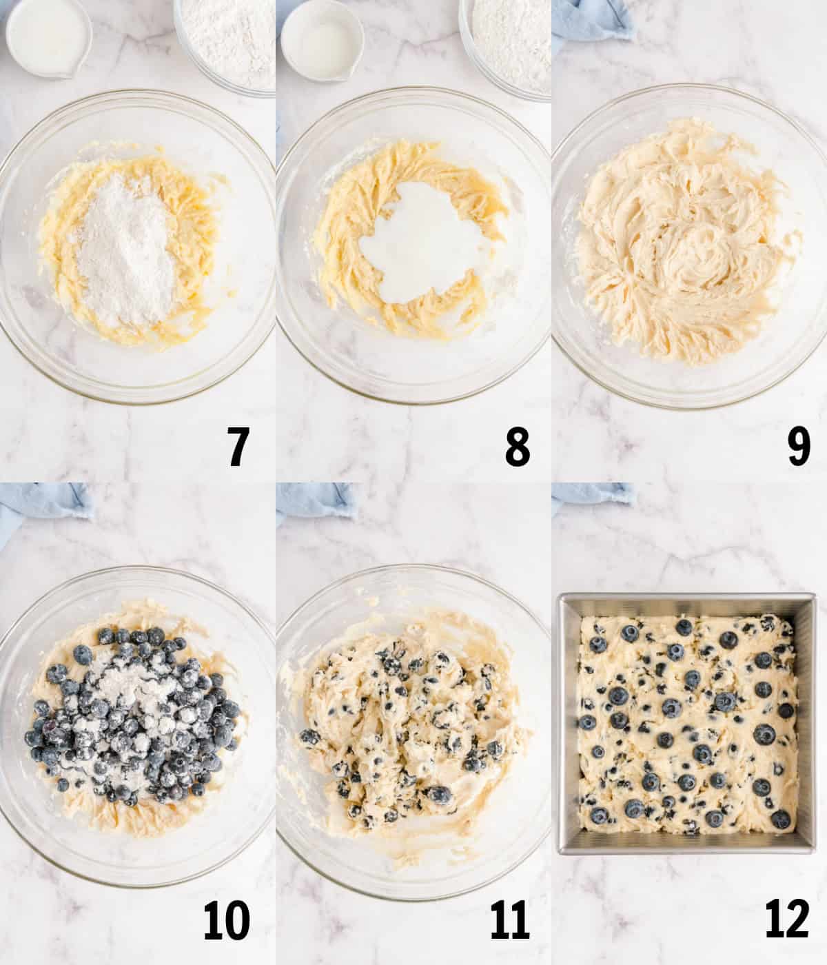 adding blueberries to mixture and placing in a square baking pan