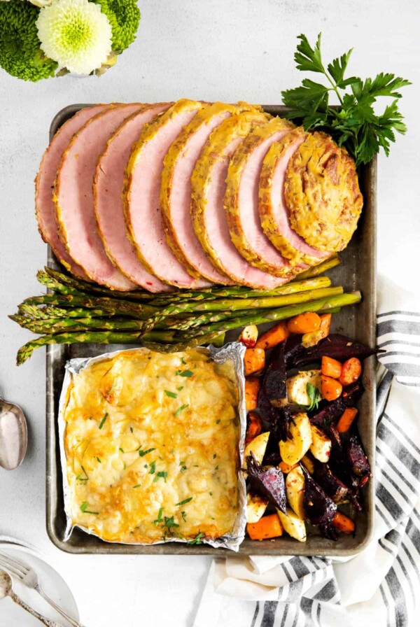 easter dinner on a sheet pan after baking