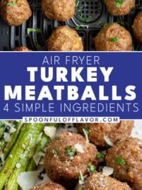 Pictures of air fryer turkey meatballs in the air fryer and on a plate asparagus.