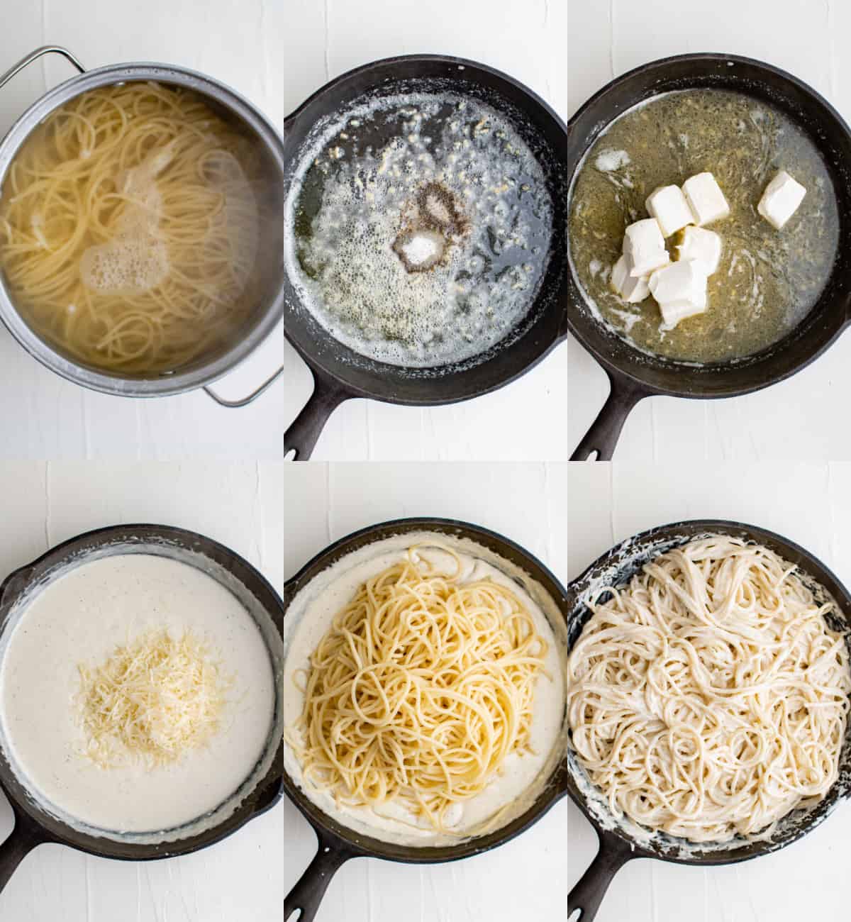 six process shots of cream cheese pasta, each in a black skillet adding cheese and other ingredients.