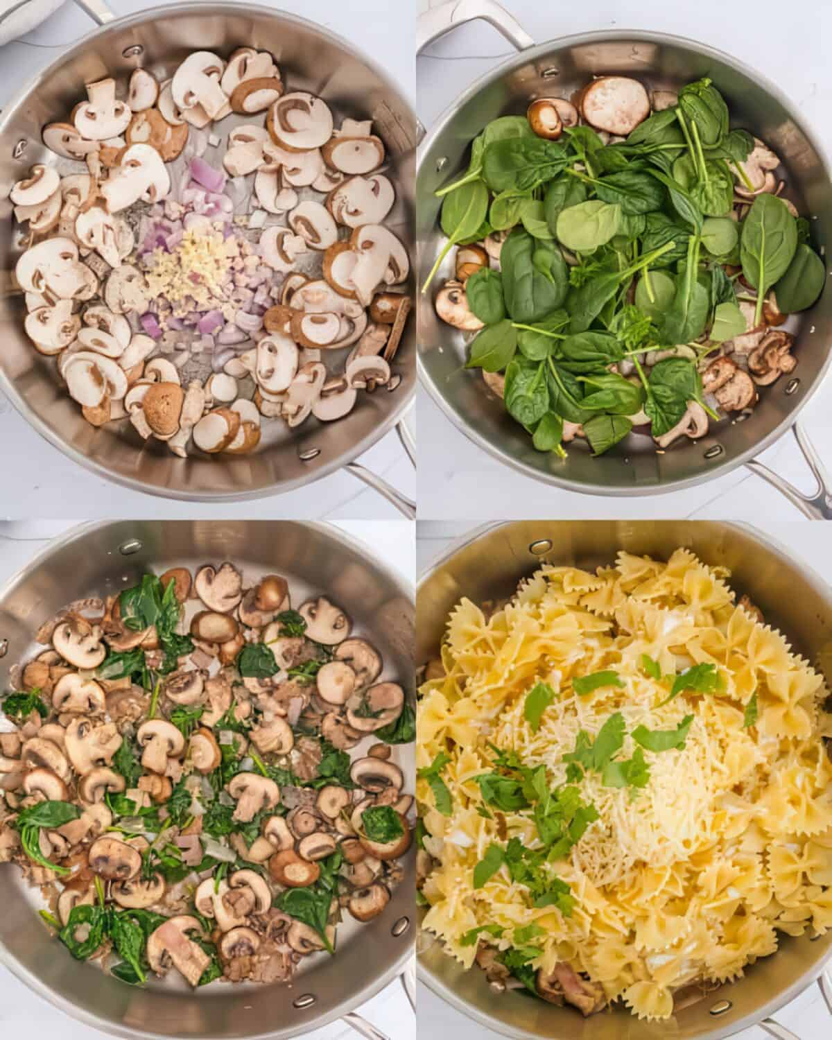 cooking ingredients for mushroom and spinach pasta in pan