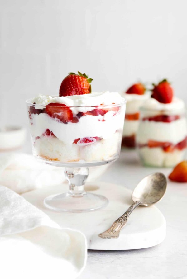 Strawberry shortcake trifle in a glass trifle dish