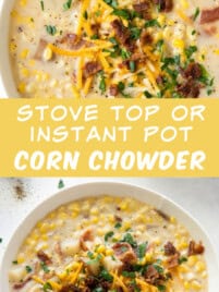 Corn Chowder made in an instant pot or stove top in a bowl with crumbled bacon and cheddar cheese on top.