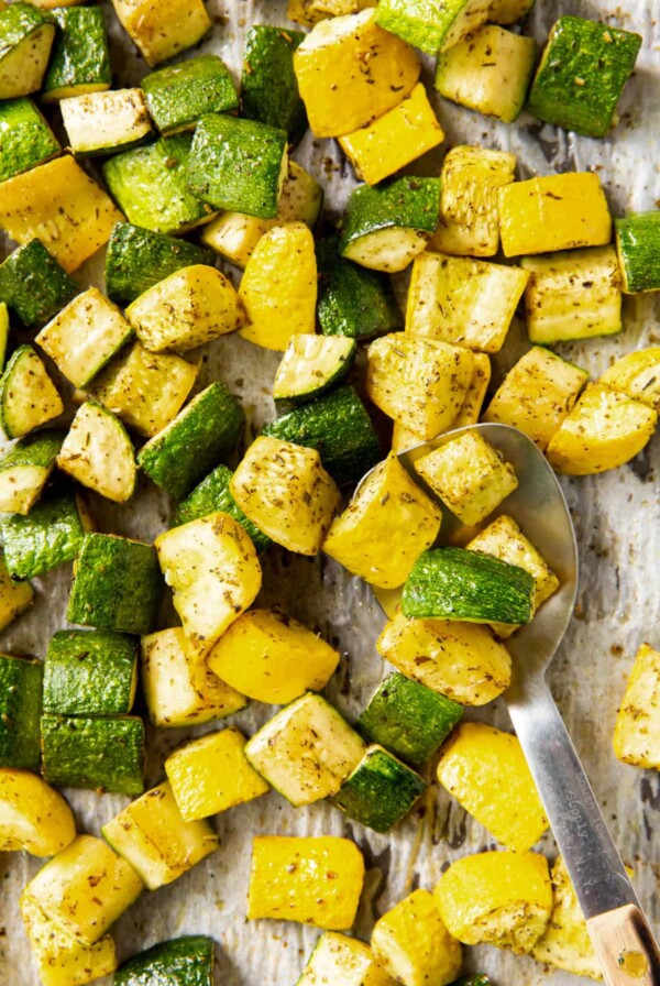 roasted zucchini and squash on a baking sheet